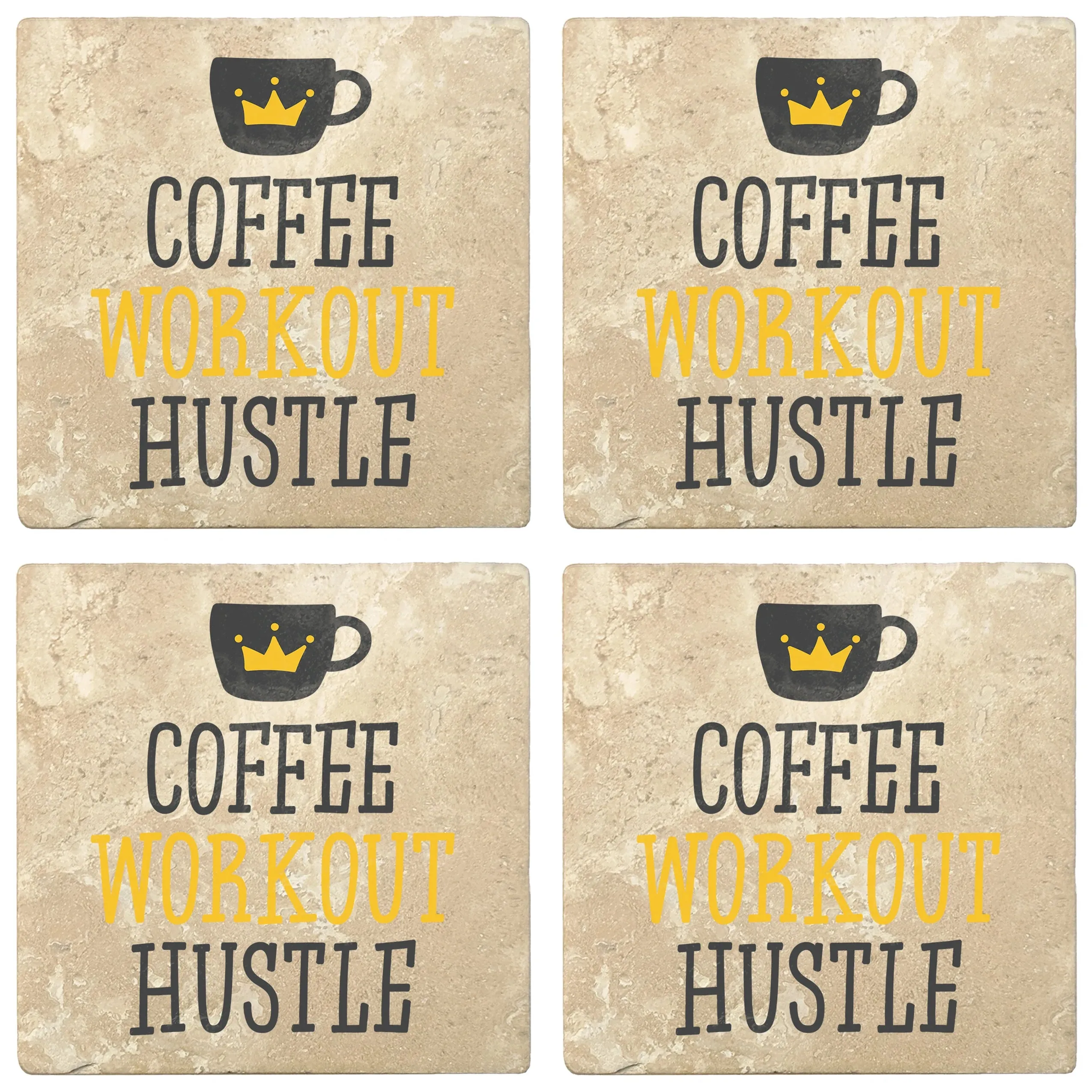 4" Absorbent Stone Coffee Gift Coasters, Coffee Workout Hustle, 2 Sets of 4, 8 Pieces