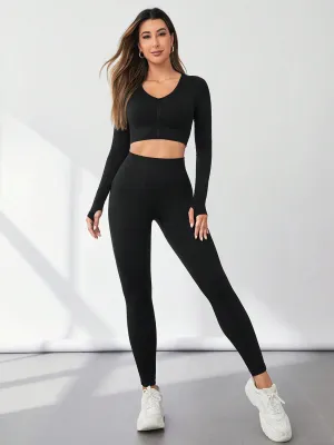 Activewear Two Piece Outfit Set Women's Sports Fashion V-Neck Long Sleeve Top Thumb Hole  and Leggings Active Set