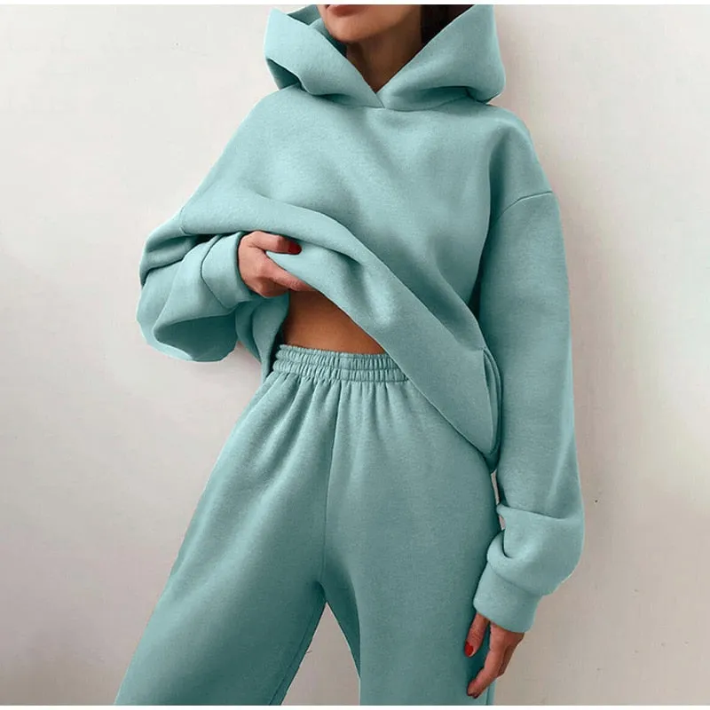 Autumn Casual Comfy Fleece Two Piece Sports Tracksuit Hoodie Pant Set