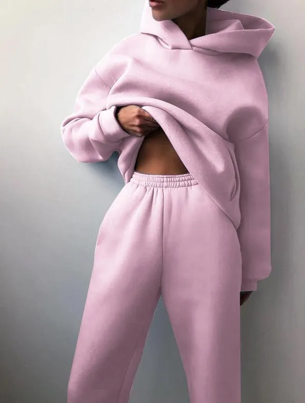 Autumn Casual Comfy Fleece Two Piece Sports Tracksuit Hoodie Pant Set