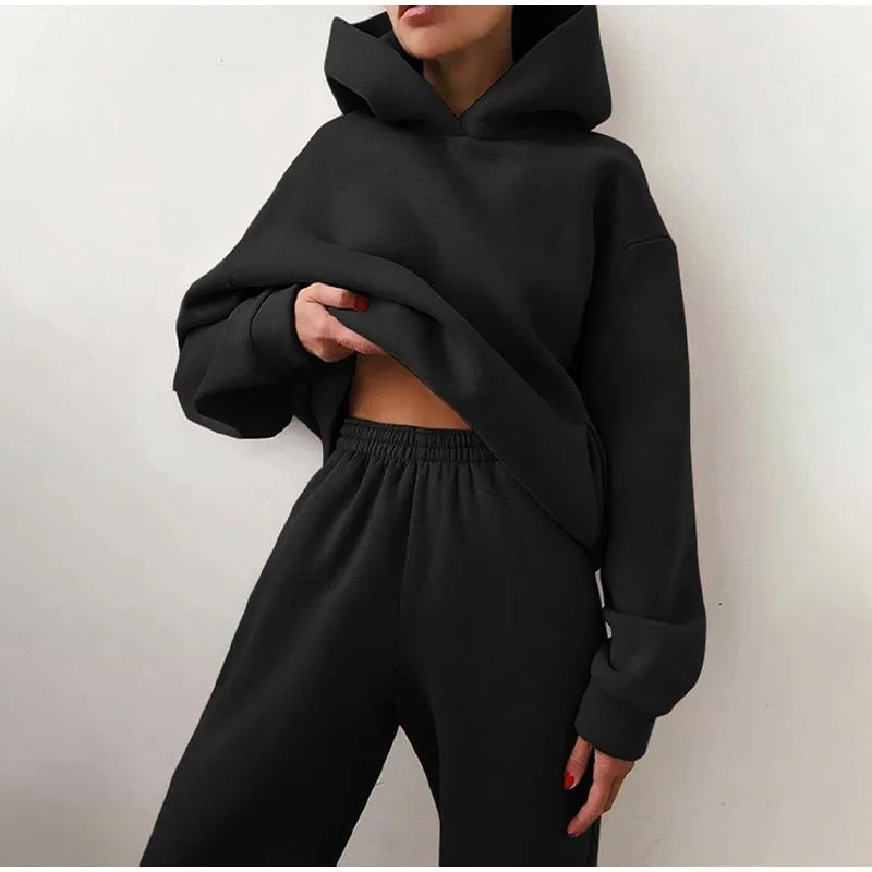 Autumn Casual Comfy Fleece Two Piece Sports Tracksuit Hoodie Pant Set