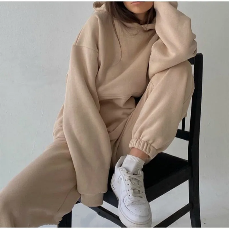 Autumn Casual Comfy Fleece Two Piece Sports Tracksuit Hoodie Pant Set