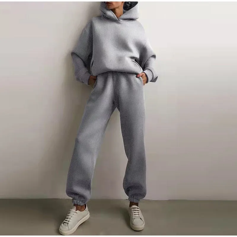 Autumn Casual Comfy Fleece Two Piece Sports Tracksuit Hoodie Pant Set