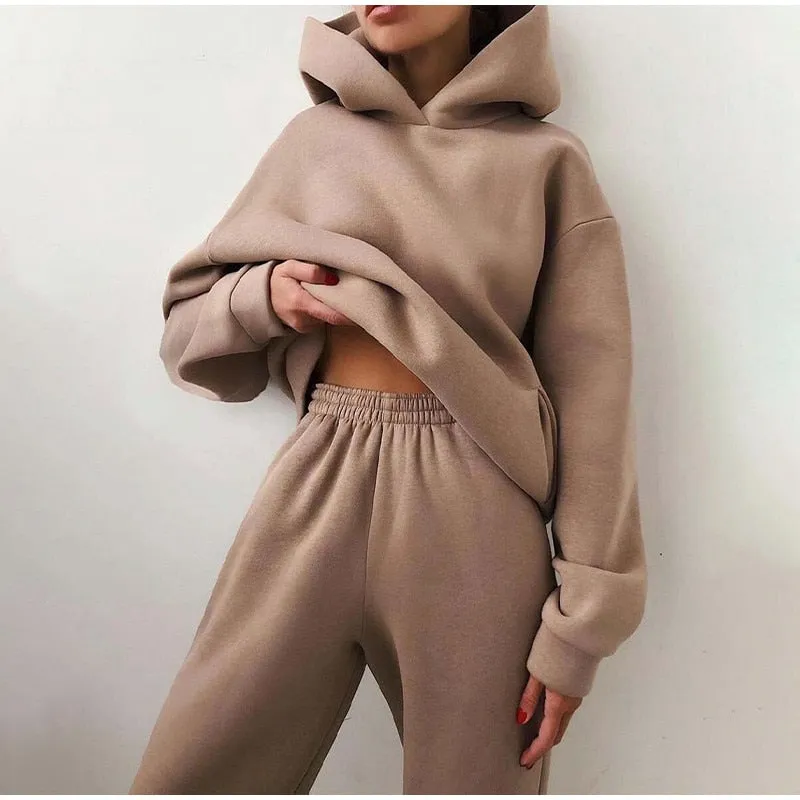 Autumn Casual Comfy Fleece Two Piece Sports Tracksuit Hoodie Pant Set