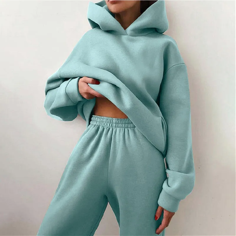 Autumn Casual Comfy Fleece Two Piece Sports Tracksuit Hoodie Pant Set