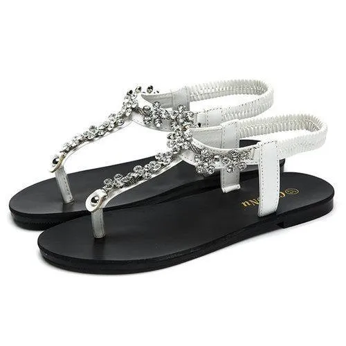 Beaded Clip Toe Crystal Flower Slip On Gladiator Sandals