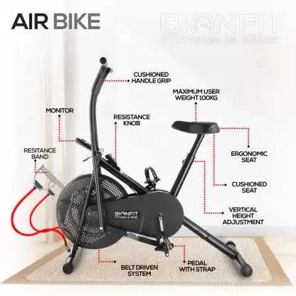 BIONFIT Moving Handle Air Bike Cycle for Home | Resistance Band & Back Support Dual-Action Stationary Exercise Bike