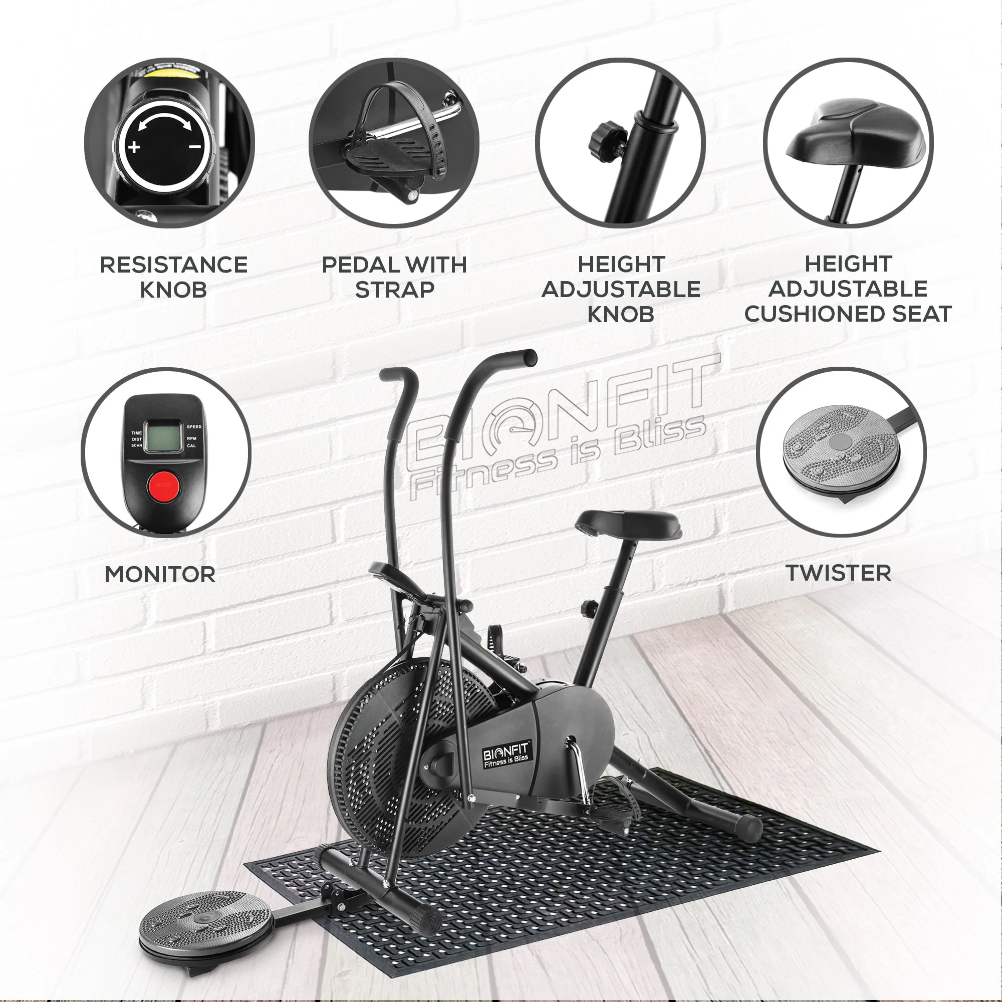 Bionfit ON03M Air Bike Indoor Exercise Cycle for Home with Moving Handle, Twister - 2 Year Warranty