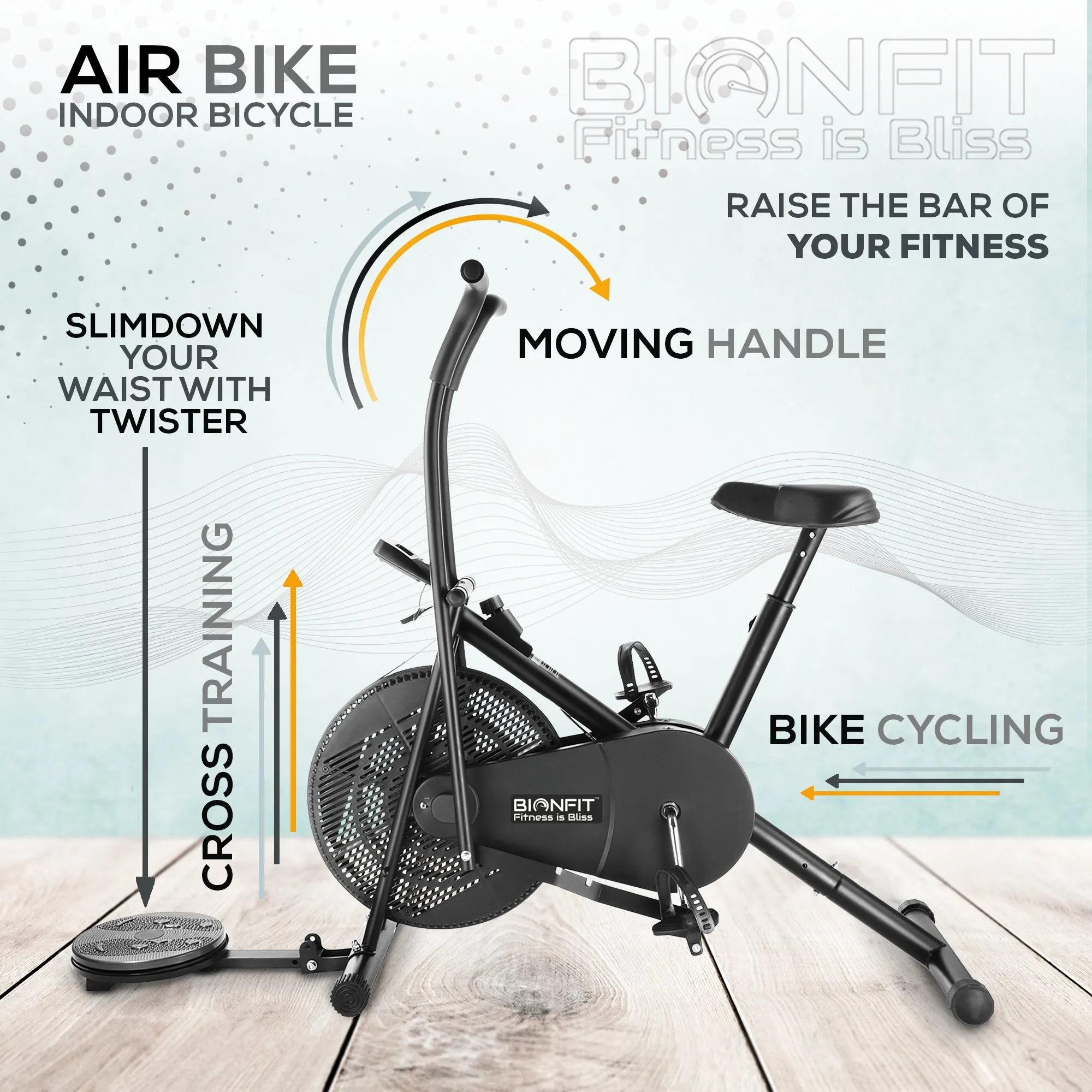 Bionfit ON03M Air Bike Indoor Exercise Cycle for Home with Moving Handle, Twister - 2 Year Warranty