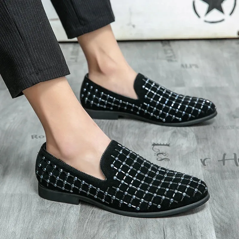 Black Rhinestone Plaid Suede Loafers