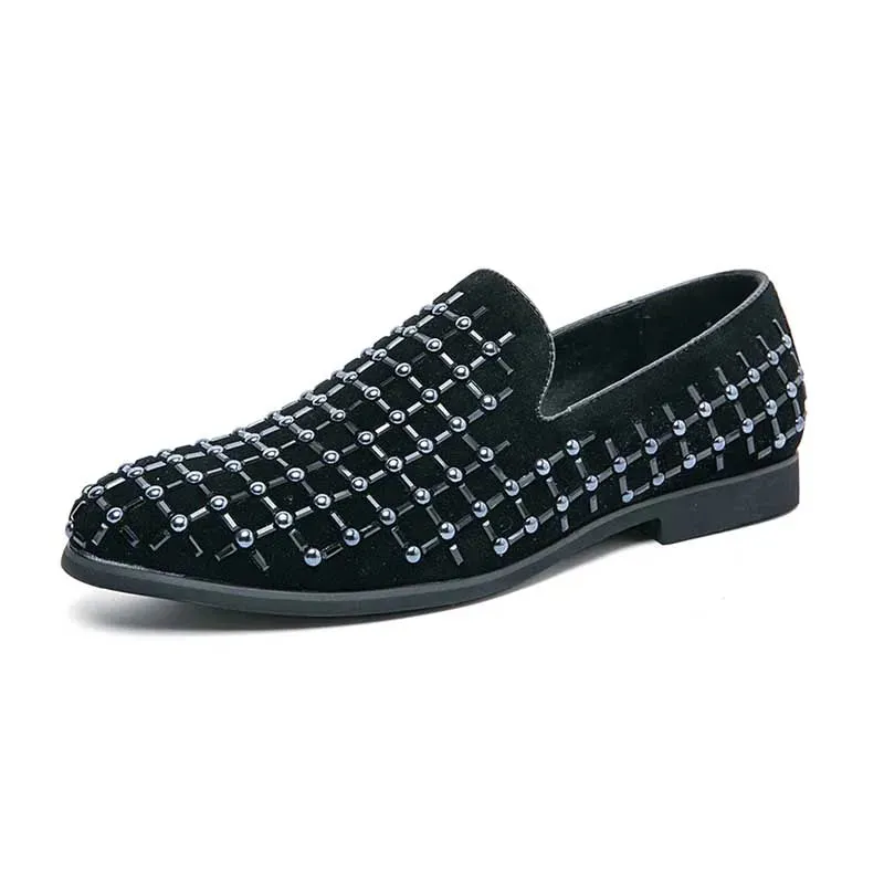 Black Rhinestone Plaid Suede Loafers