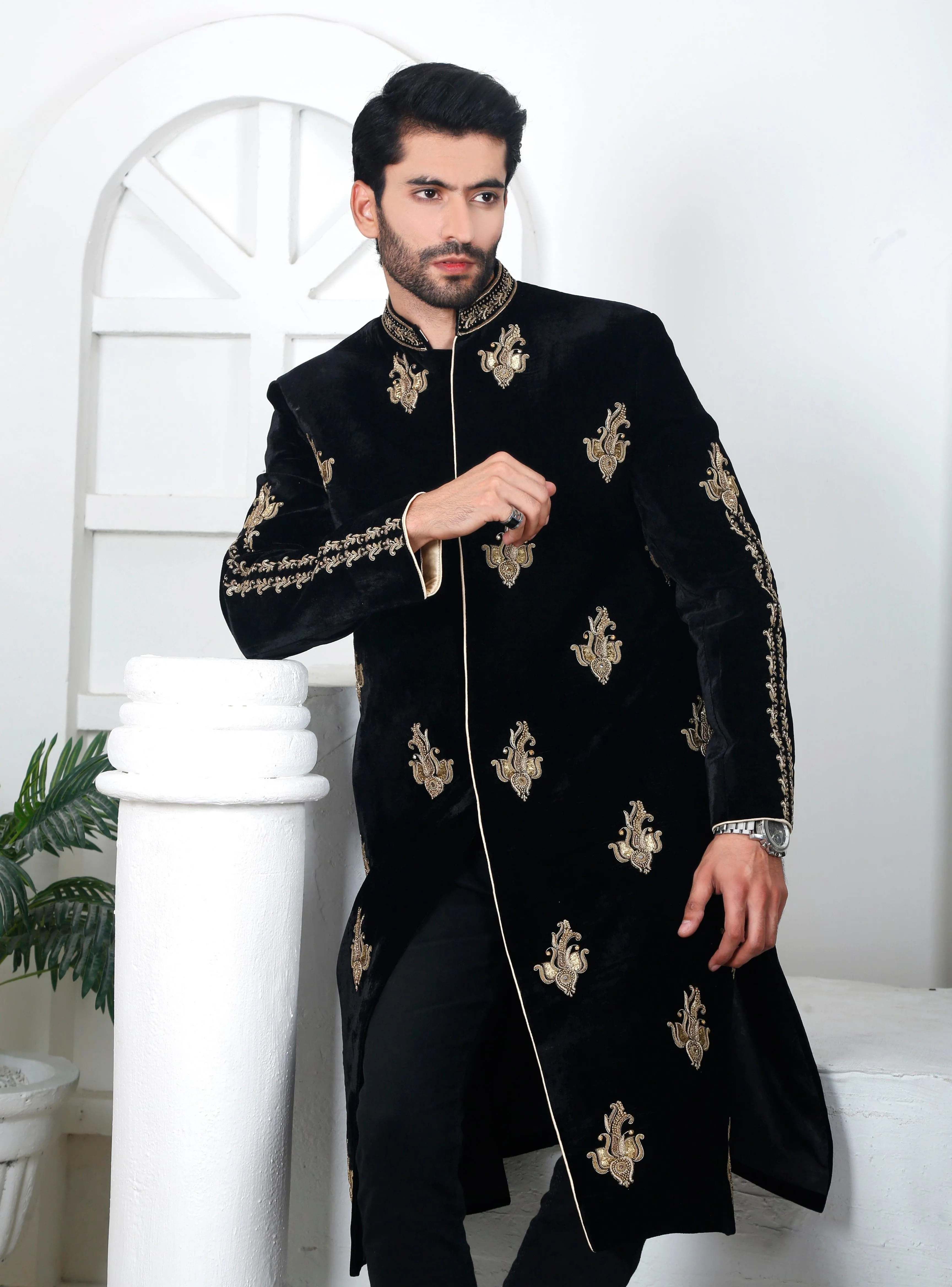 Black Velvet Sherwani with Hand-worked Motif