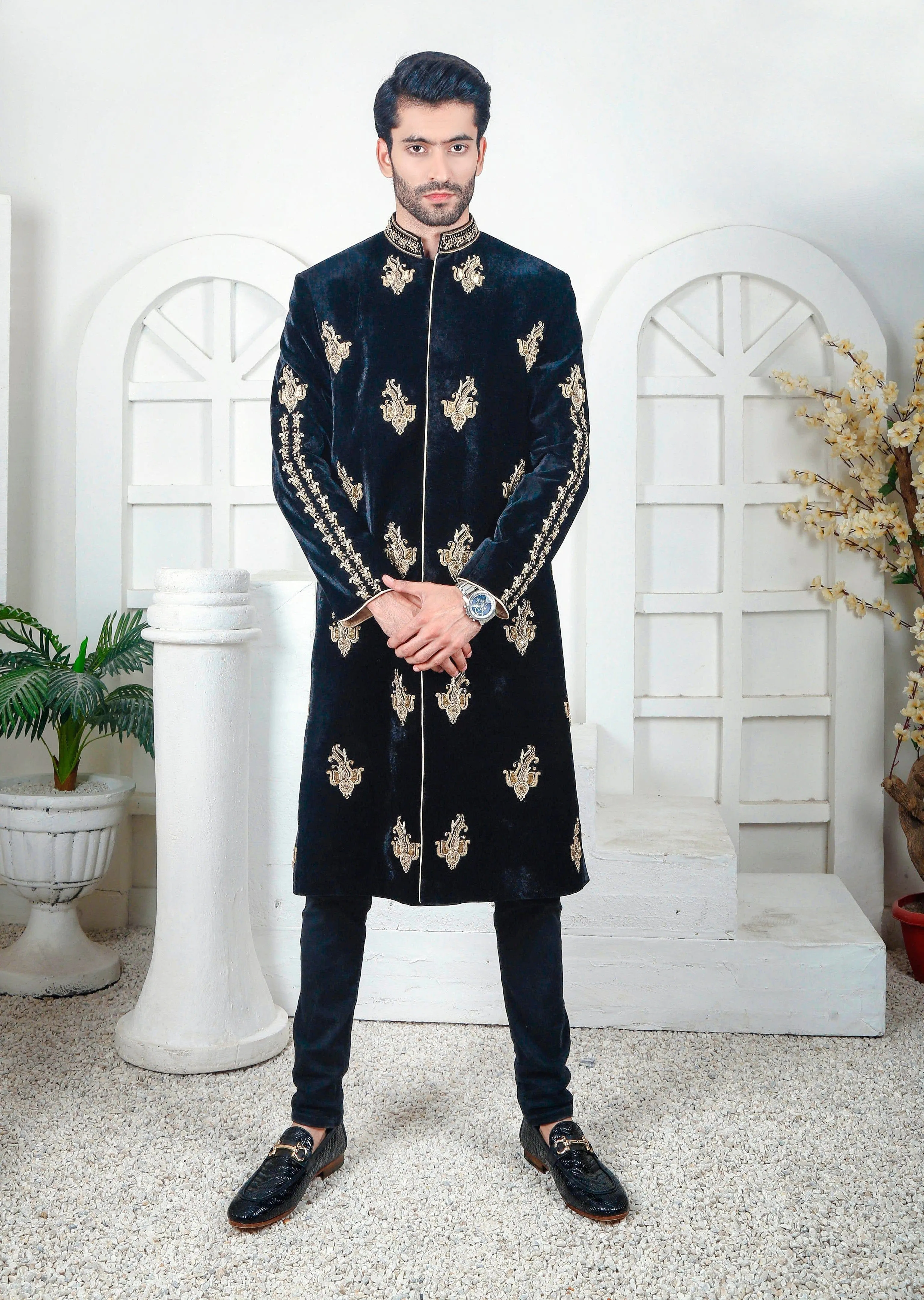 Black Velvet Sherwani with Hand-worked Motif