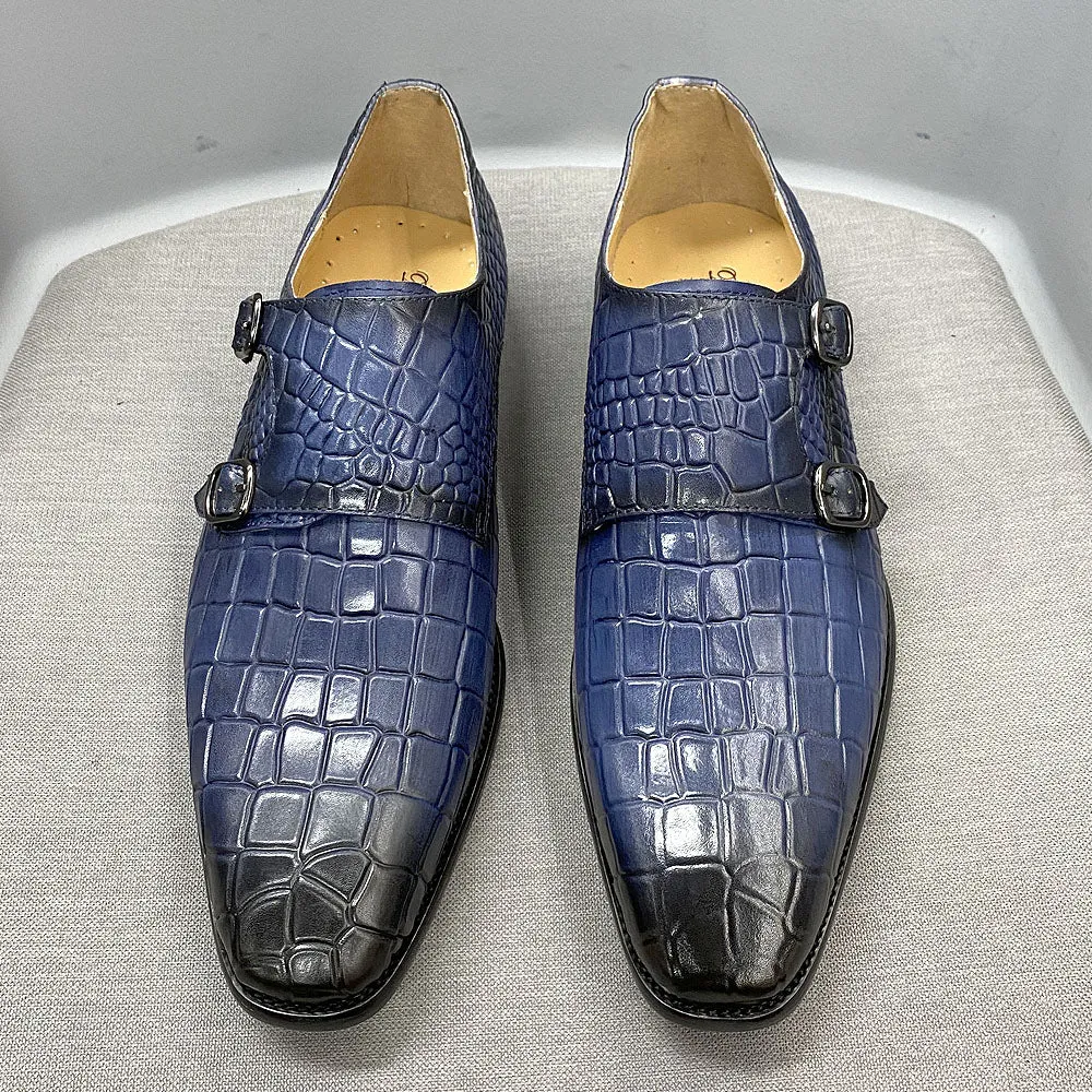 Blue Gradient Crocodile Pattern Monk Shoes