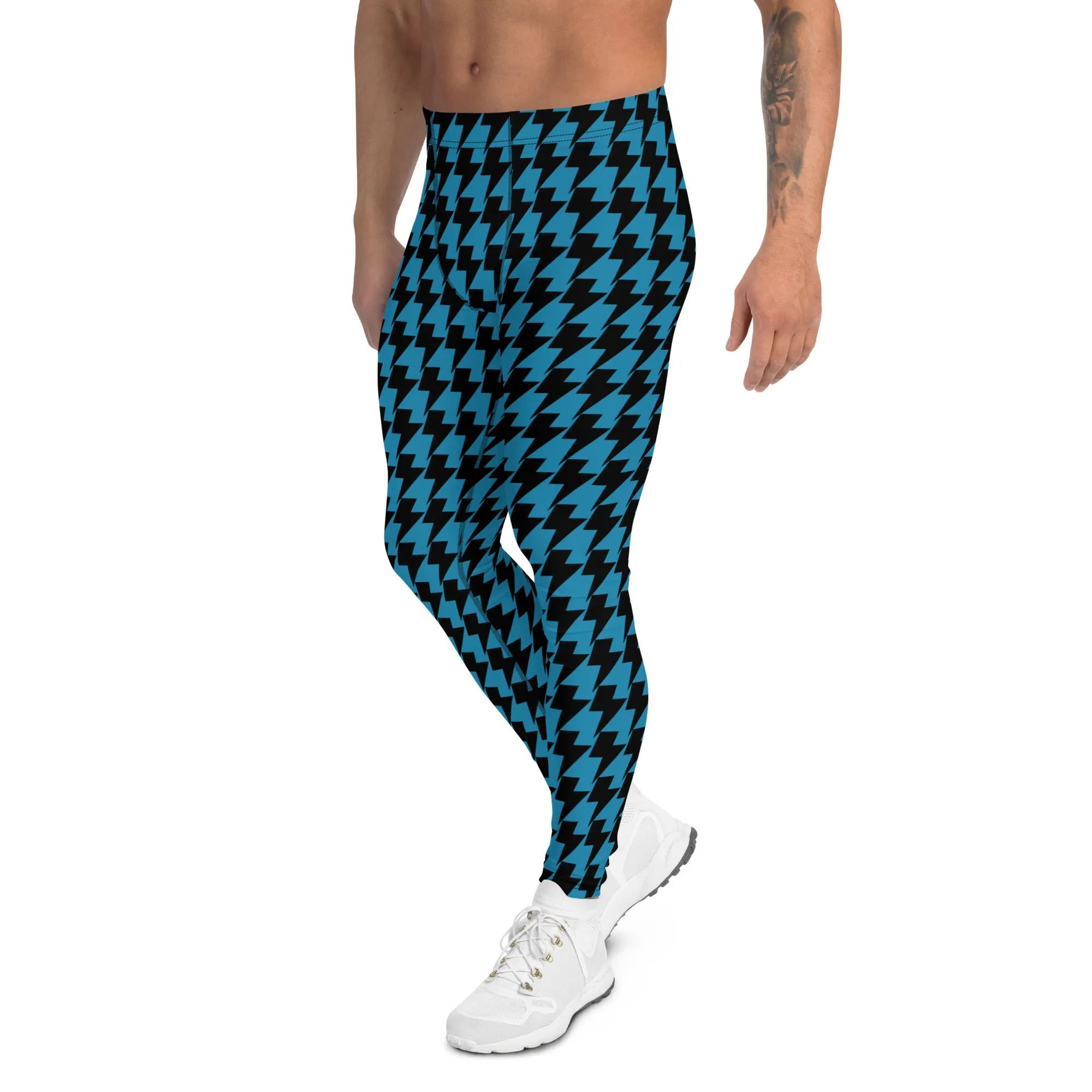 Blue Lightning Men's Leggings, Lightning Graphic Pattern Abstract Designer Running Compression Tights For Men - Made in USA/EU/MX