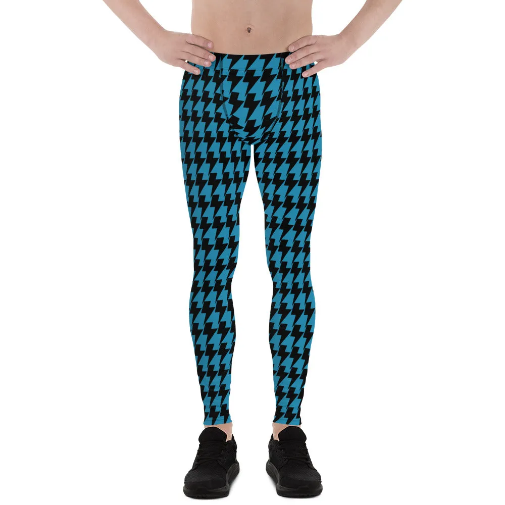 Blue Lightning Men's Leggings, Lightning Graphic Pattern Abstract Designer Running Compression Tights For Men - Made in USA/EU/MX