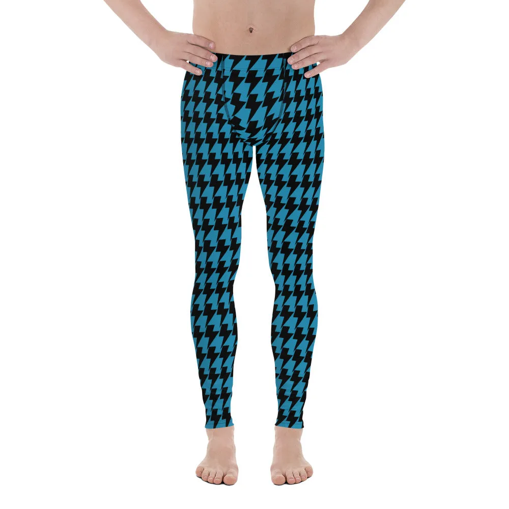 Blue Lightning Men's Leggings, Lightning Graphic Pattern Abstract Designer Running Compression Tights For Men - Made in USA/EU/MX