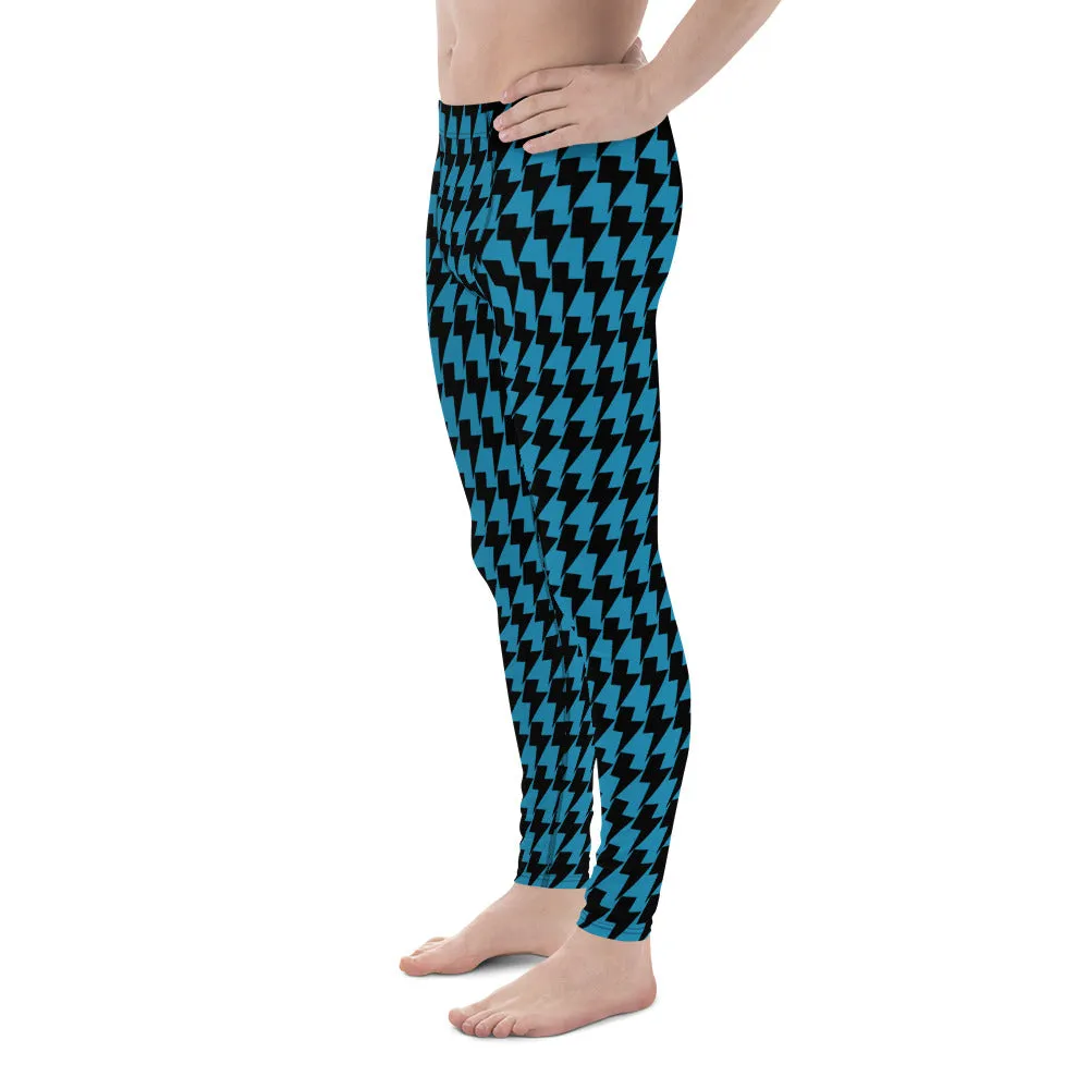 Blue Lightning Men's Leggings, Lightning Graphic Pattern Abstract Designer Running Compression Tights For Men - Made in USA/EU/MX