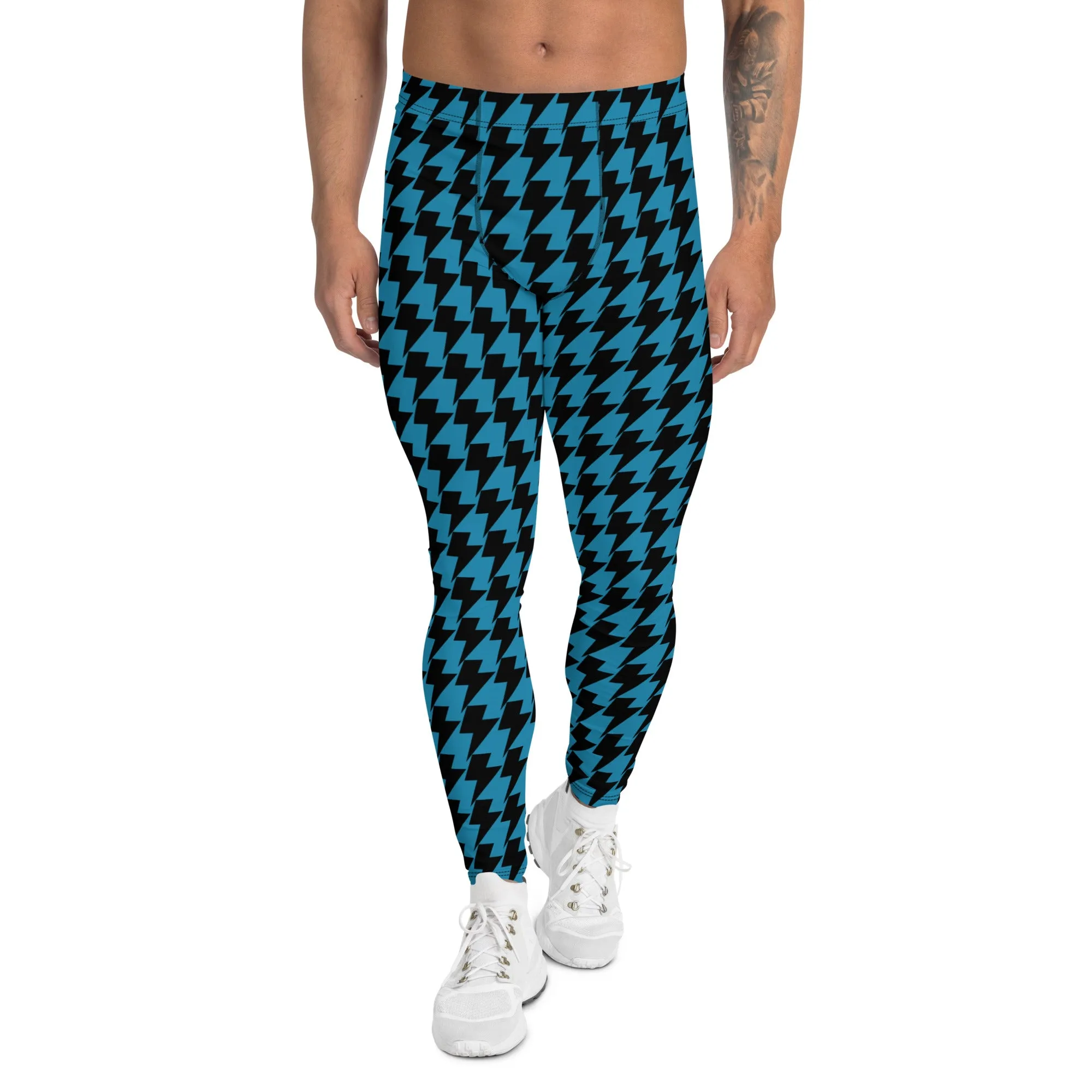 Blue Lightning Men's Leggings, Lightning Graphic Pattern Abstract Designer Running Compression Tights For Men - Made in USA/EU/MX