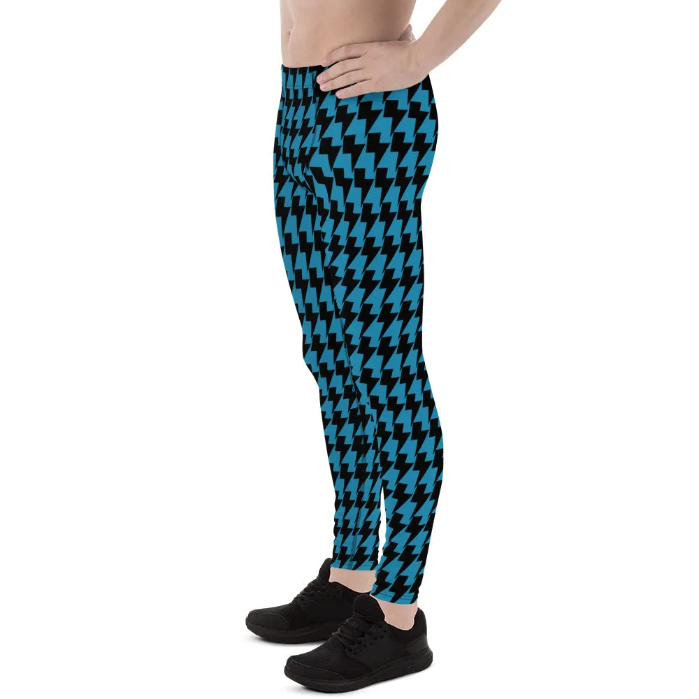 Blue Lightning Men's Leggings, Lightning Graphic Pattern Abstract Designer Running Compression Tights For Men - Made in USA/EU/MX