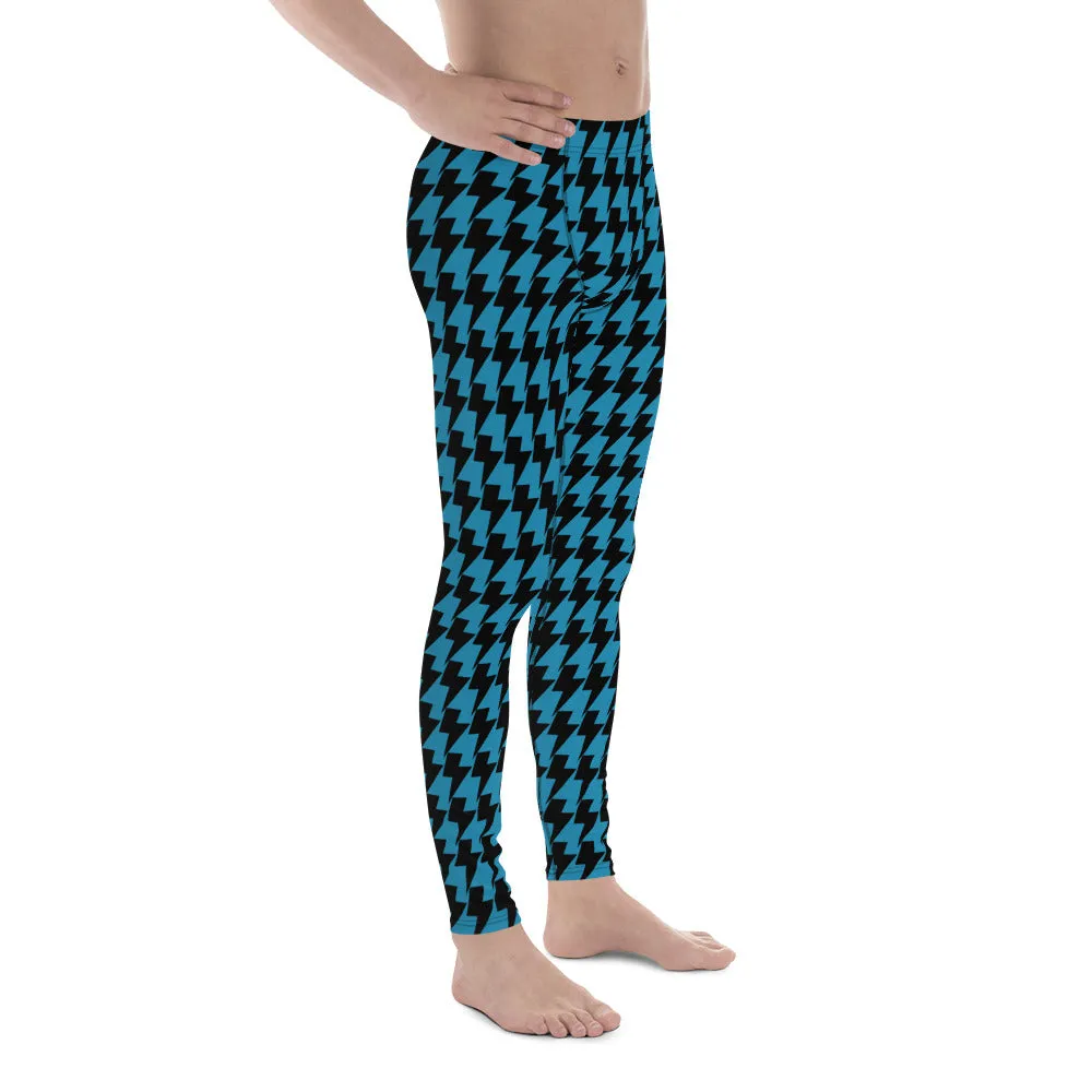 Blue Lightning Men's Leggings, Lightning Graphic Pattern Abstract Designer Running Compression Tights For Men - Made in USA/EU/MX