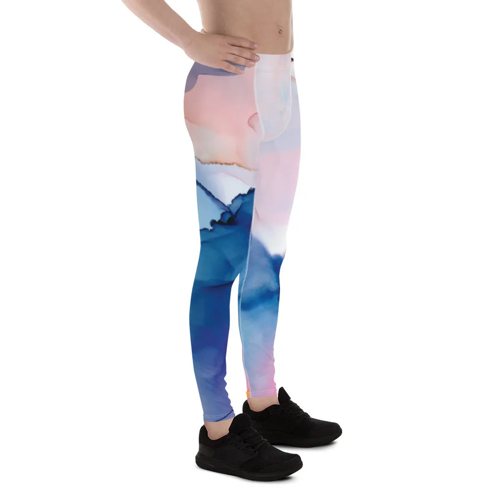 Blue Pink Abstract Men's Tights, Designer Compression Tights For Men - Made in USA/EU/MX