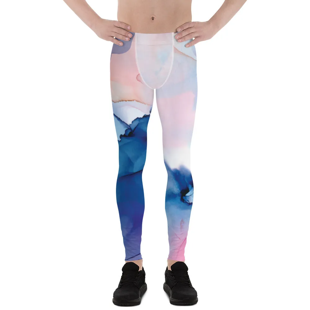 Blue Pink Abstract Men's Tights, Designer Compression Tights For Men - Made in USA/EU/MX