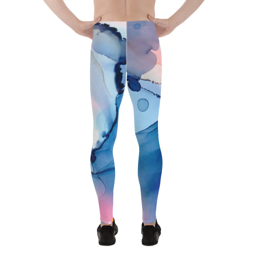 Blue Pink Abstract Men's Tights, Designer Compression Tights For Men - Made in USA/EU/MX