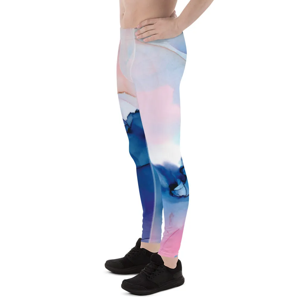 Blue Pink Abstract Men's Tights, Designer Compression Tights For Men - Made in USA/EU/MX