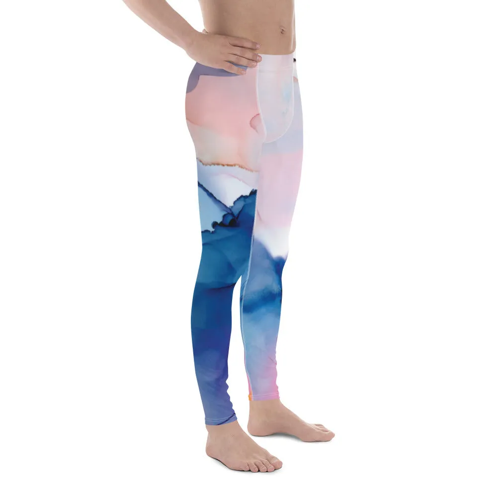 Blue Pink Abstract Men's Tights, Designer Compression Tights For Men - Made in USA/EU/MX