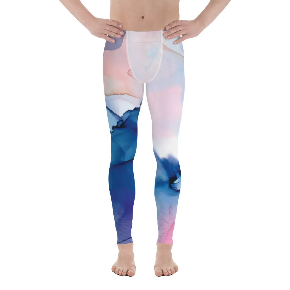 Blue Pink Abstract Men's Tights, Designer Compression Tights For Men - Made in USA/EU/MX