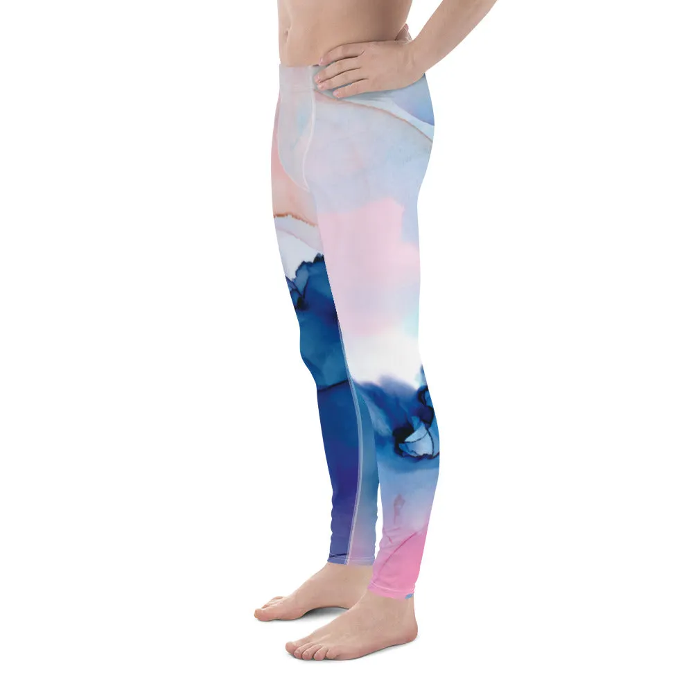 Blue Pink Abstract Men's Tights, Designer Compression Tights For Men - Made in USA/EU/MX