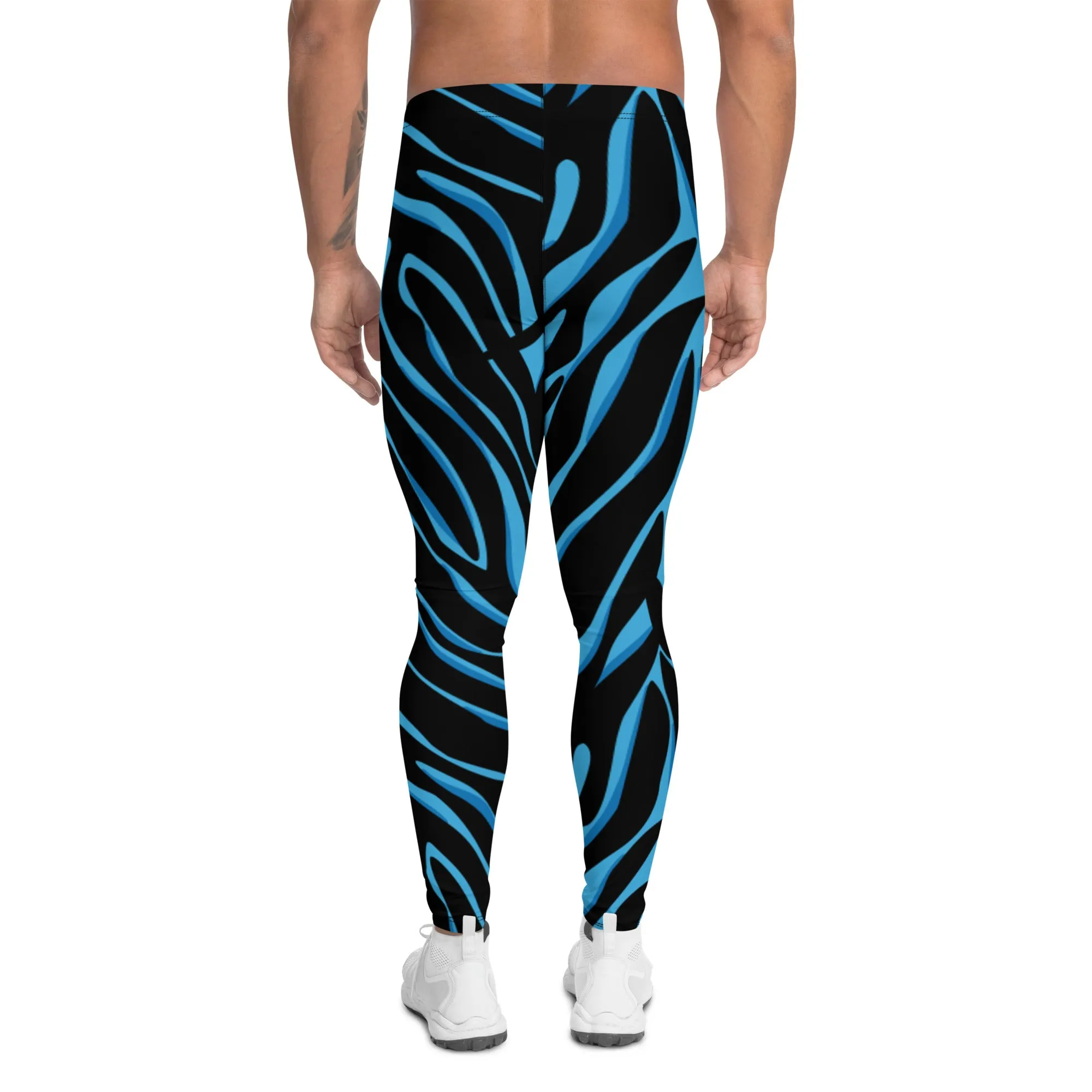 Blue Tiger Striped Men's Leggings, Blue Tiger Leggings, Blue Tiger Pants For Men - Made in USA/EU/MX