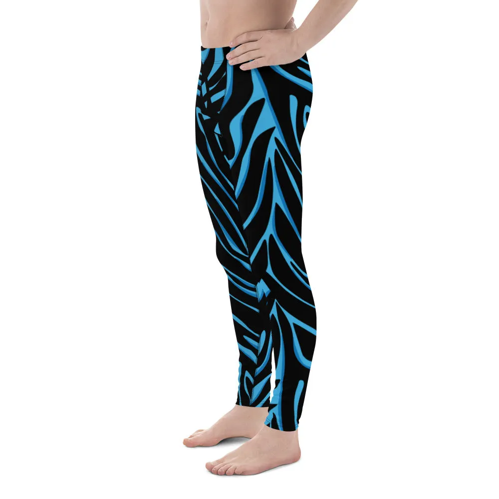 Blue Tiger Striped Men's Leggings, Blue Tiger Leggings, Blue Tiger Pants For Men - Made in USA/EU/MX