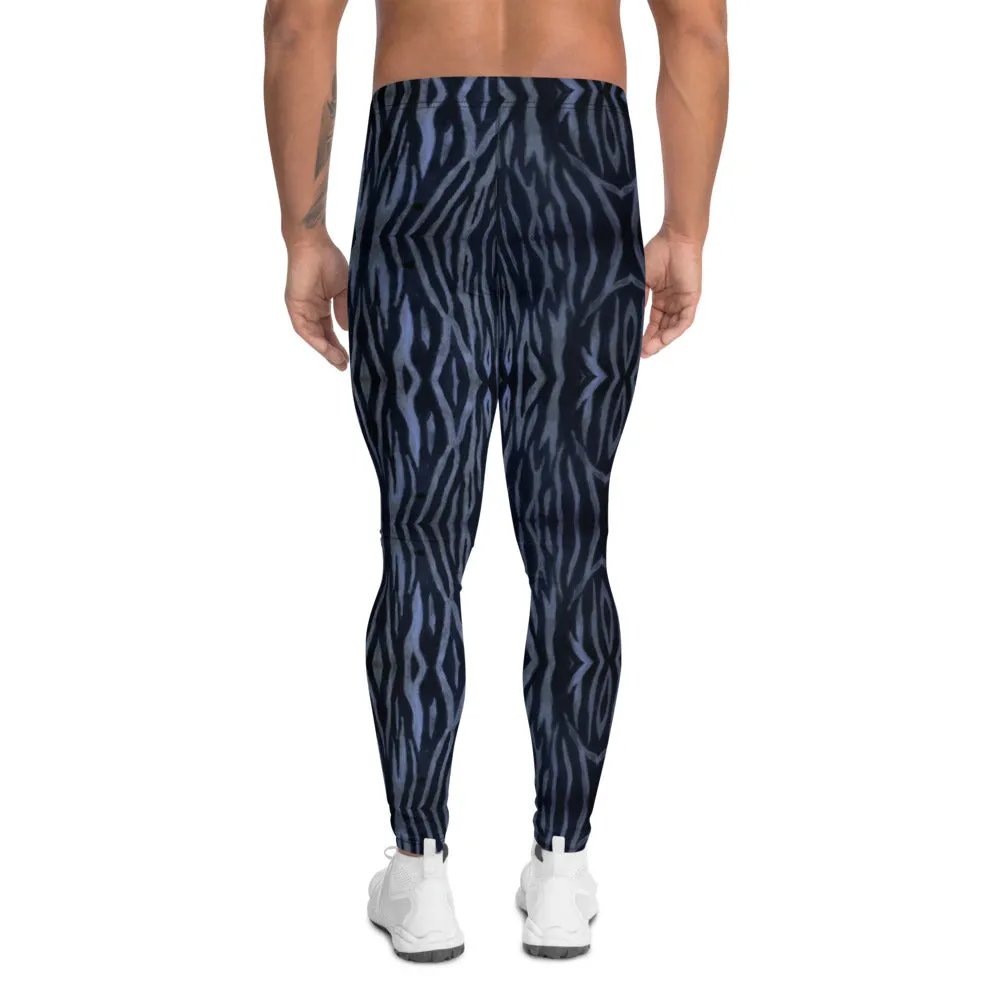 Blue Tiger Striped Men's Leggings, Tiger Stripes Animal Print Meggings-Made in USA/EU/MX