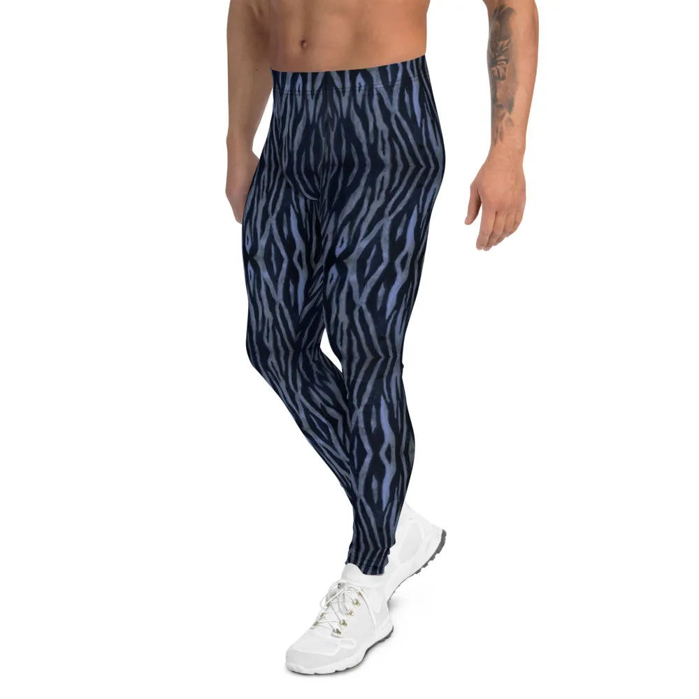 Blue Tiger Striped Men's Leggings, Tiger Stripes Animal Print Meggings-Made in USA/EU/MX