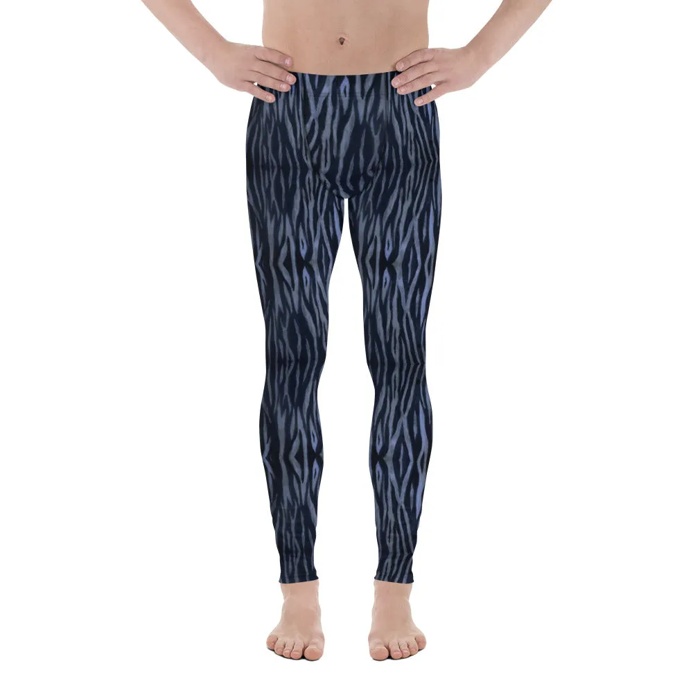 Blue Tiger Striped Men's Leggings, Tiger Stripes Animal Print Meggings-Made in USA/EU/MX