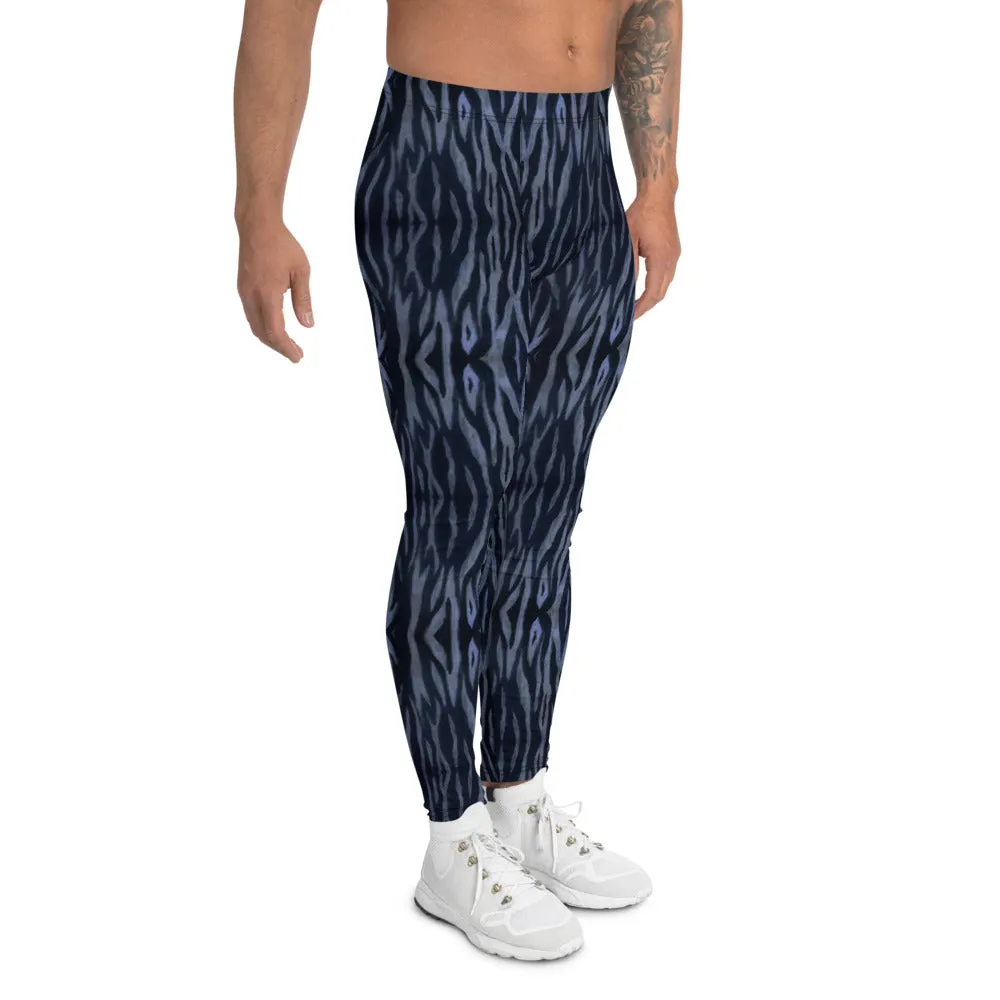 Blue Tiger Striped Men's Leggings, Tiger Stripes Animal Print Meggings-Made in USA/EU/MX