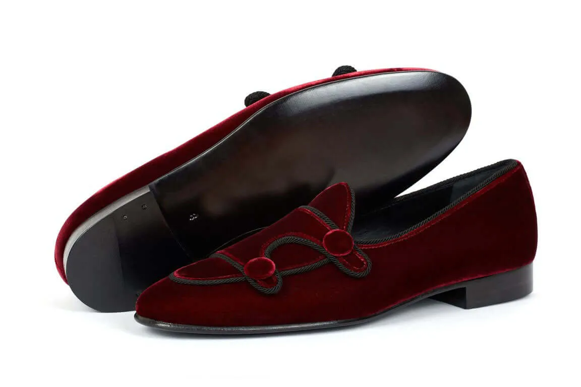 Burgundy Belgian Loafer Velvet Double Monk Style Men's Party Shoes