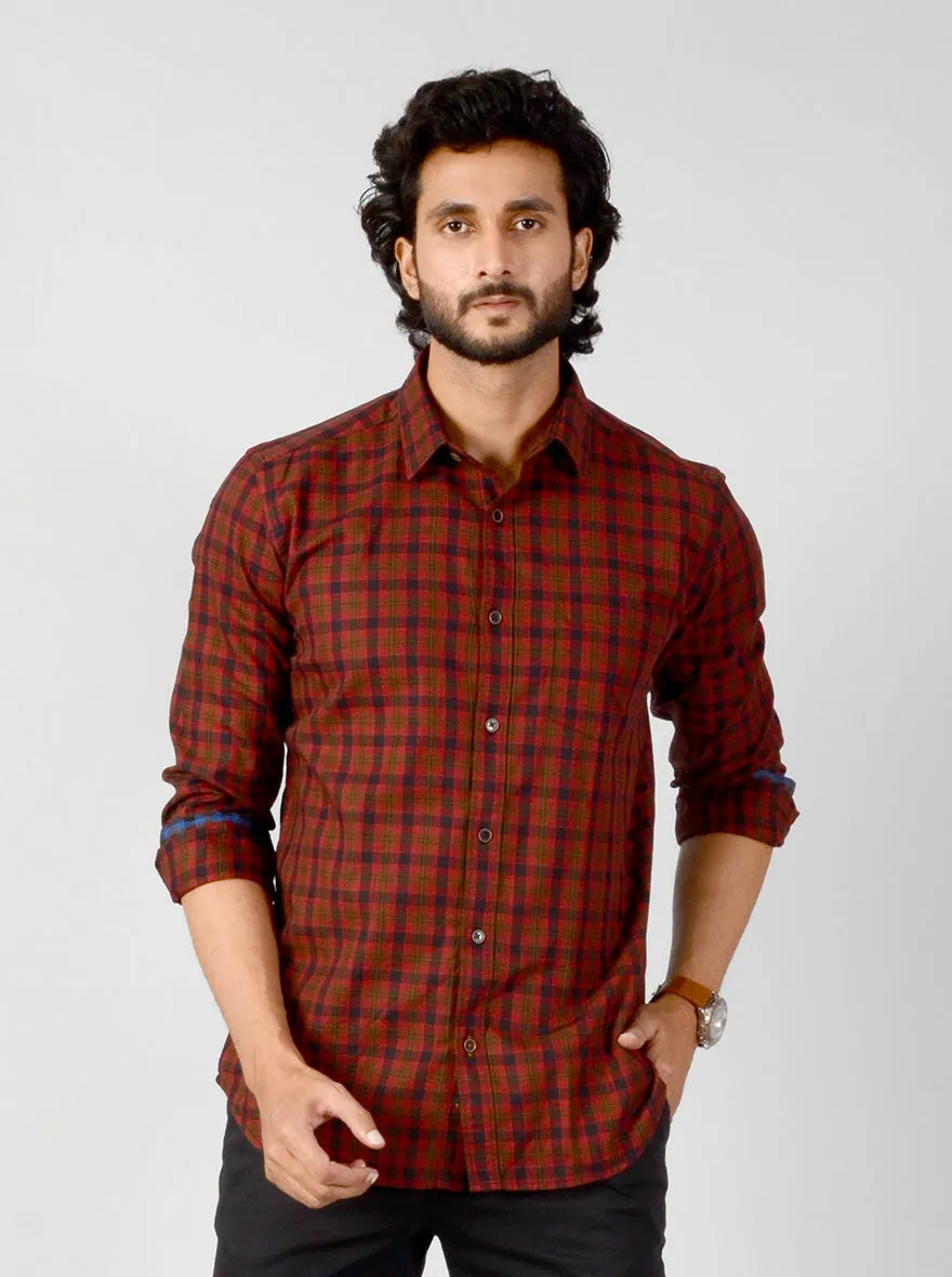 Deep Red Checked Slim Fit Casual Shirt | JadeBlue