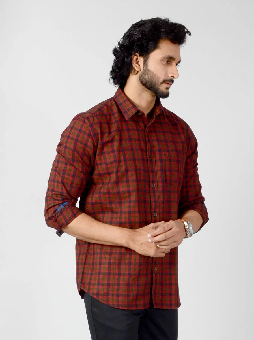 Deep Red Checked Slim Fit Casual Shirt | JadeBlue