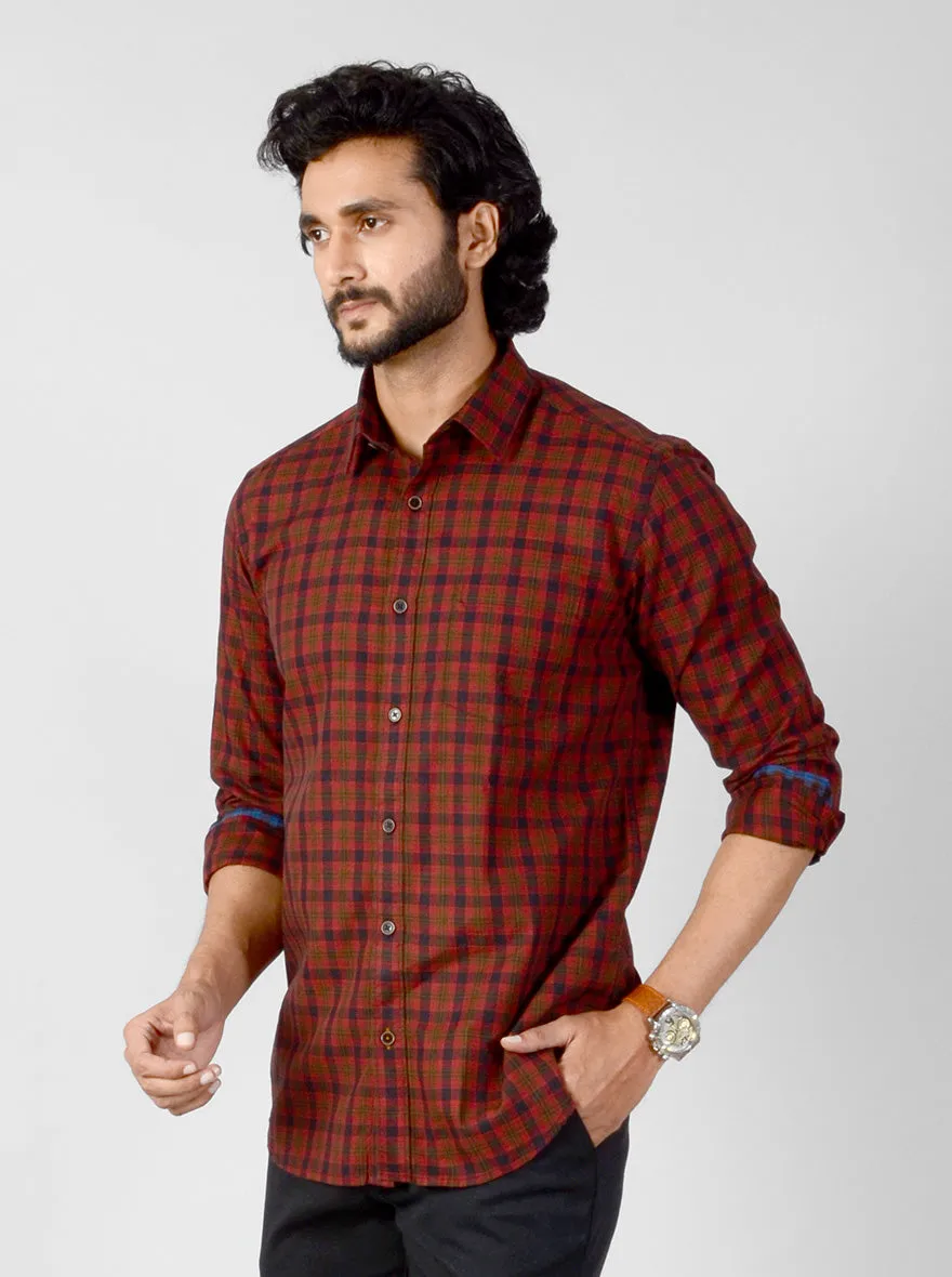 Deep Red Checked Slim Fit Casual Shirt | JadeBlue