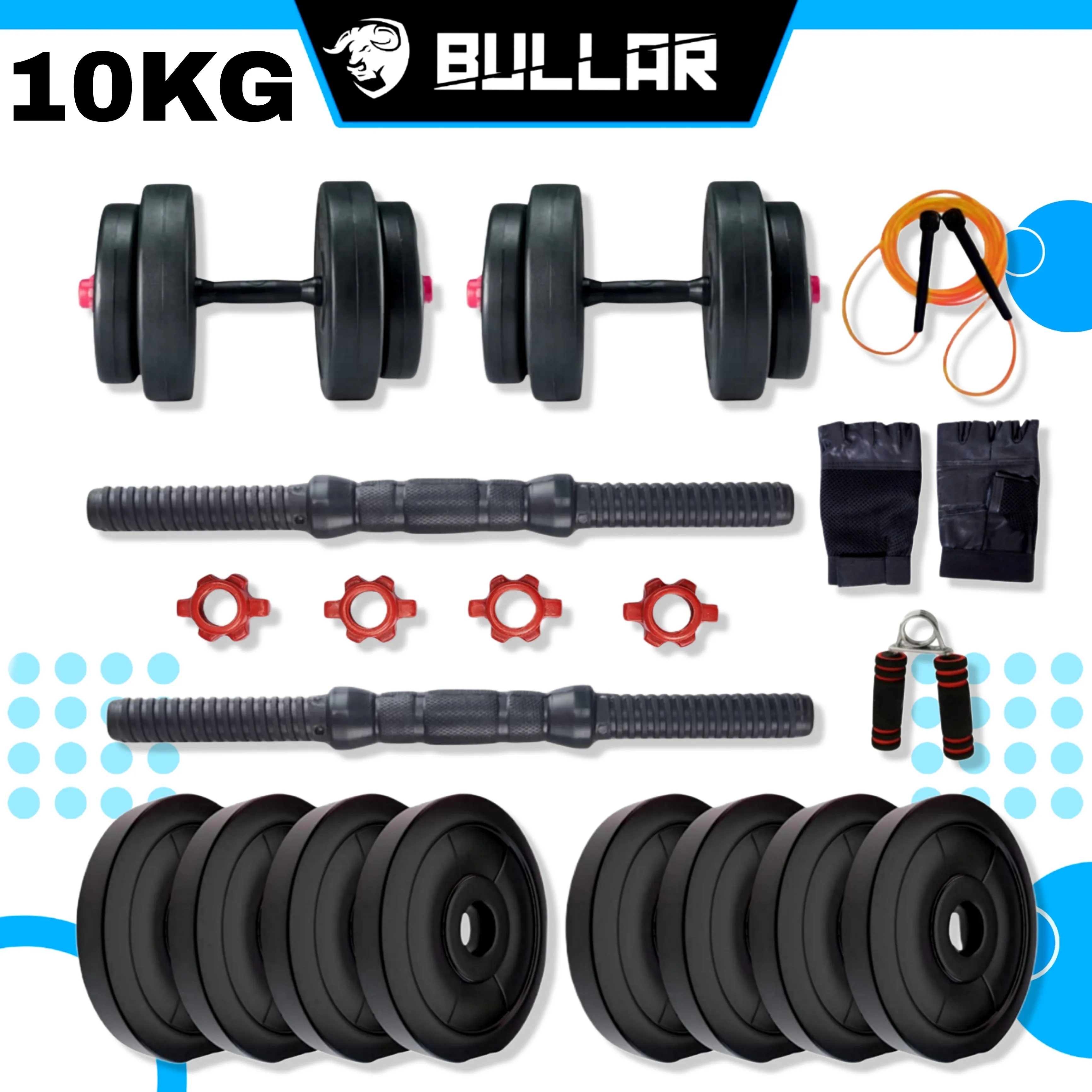 Dumbbells Set | Home Gym Set With 10Kg PVC Plates | Dumbbell Rods | Accessories