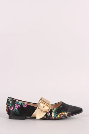 Embroidered Floral Satin Pointy Toe Mary Jane Flat