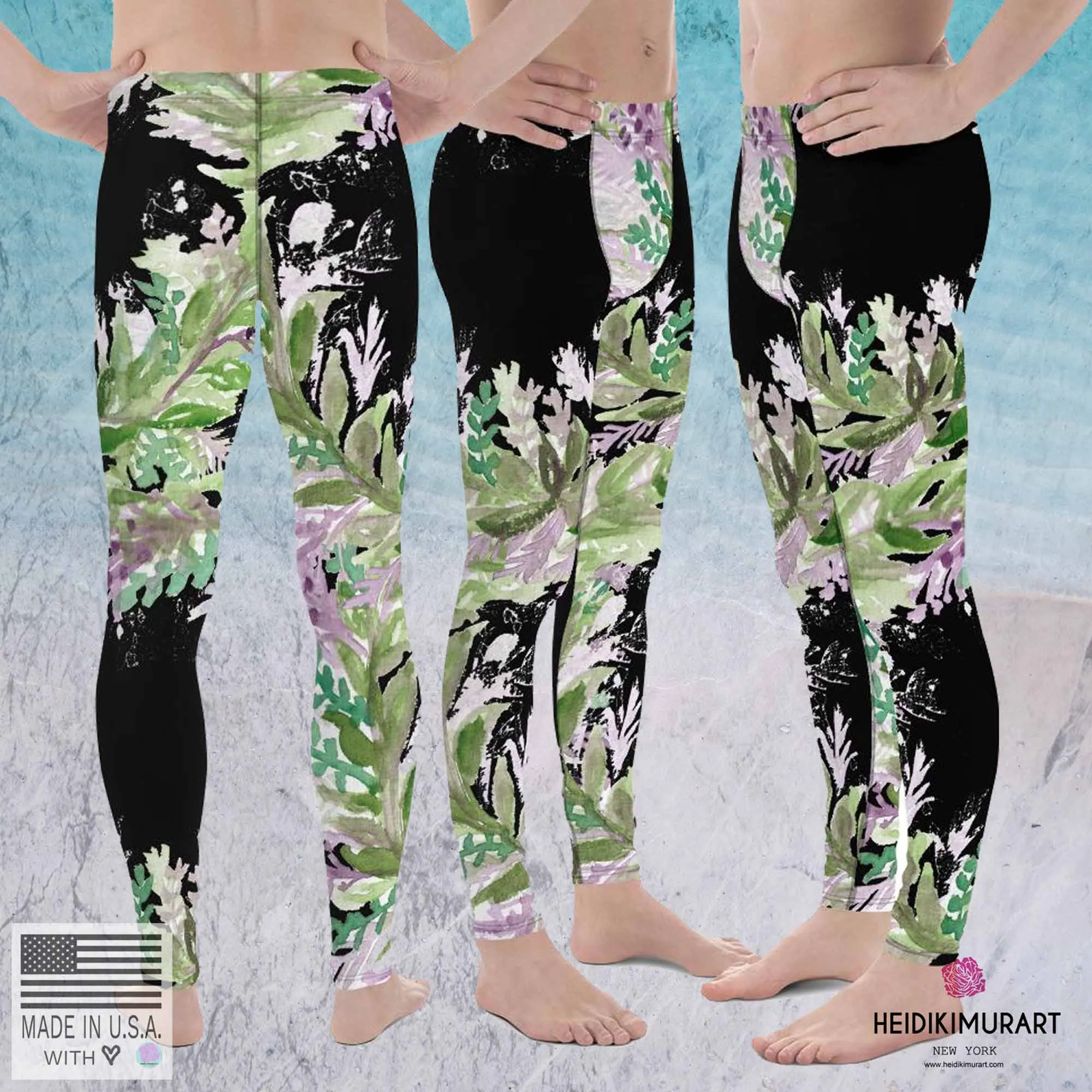 French Lavender Meggings, Floral Print Men's Leggings Run Tights Pants-Made in USA/EU