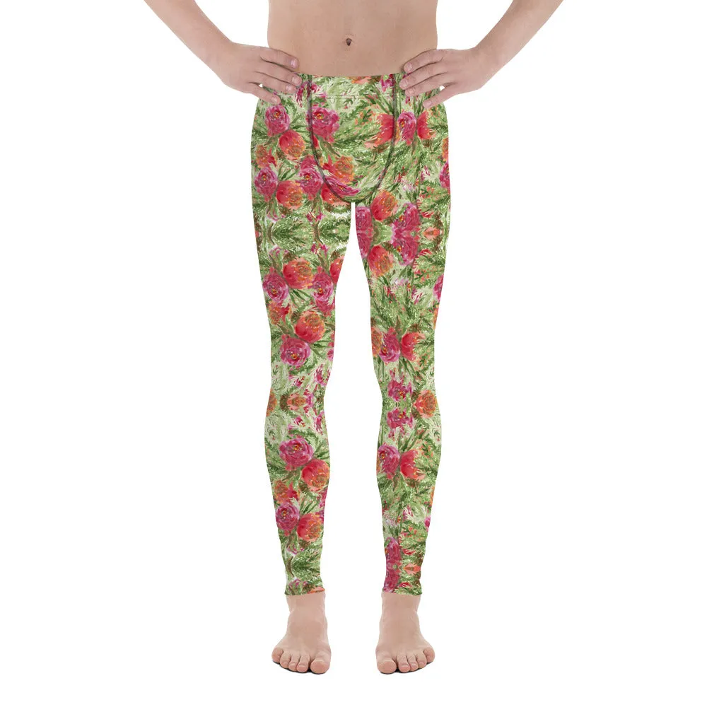 Garden Rose Men's Leggings, Floral Print Meggings Compression Tights-Made in USA/EU