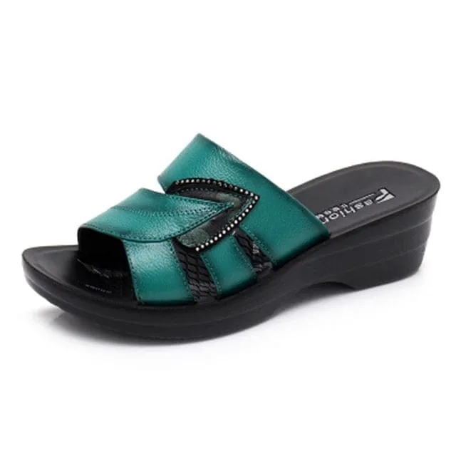 Genuine Leather Casual Slides Women Summer Shoes