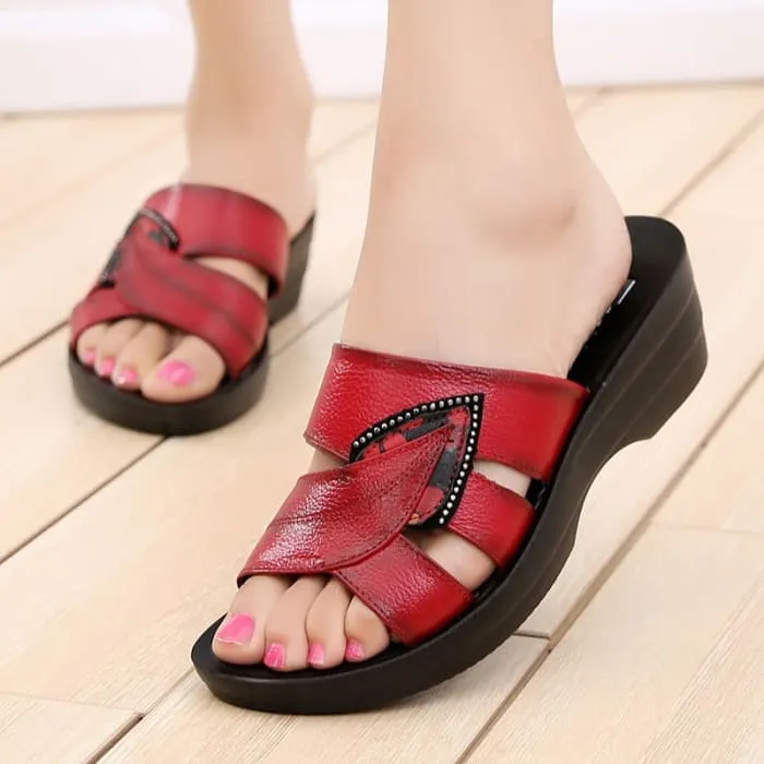 Genuine Leather Casual Slides Women Summer Shoes