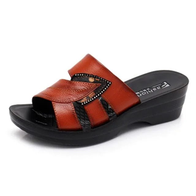 Genuine Leather Casual Slides Women Summer Shoes