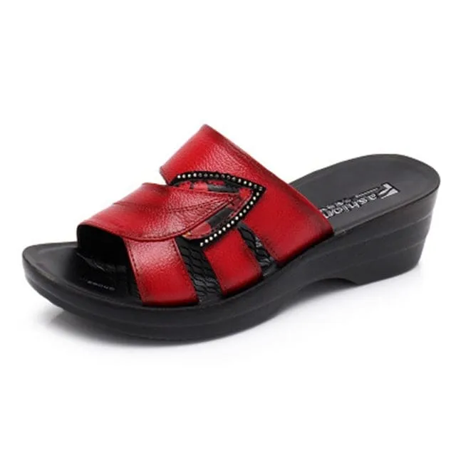 Genuine Leather Casual Slides Women Summer Shoes